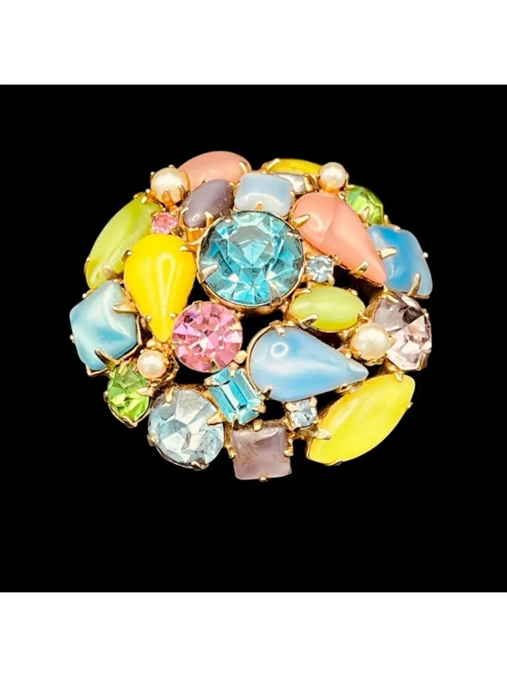 Vintage Pastel Tutti Frutti Brooch Rhinestones Pearls Gems 1.5